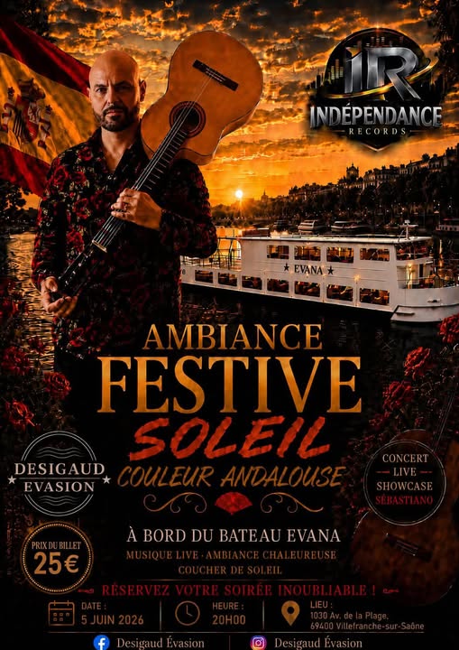 Affiche : soirée Ambiance festive Soleil, couleur andalouse, à bord du bateau Evana