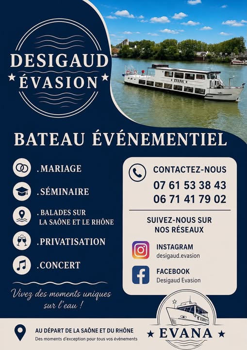 Affiche : bateau événementiel — mariage, séminaire, balades sur la Saône et le Rhône, privatisation, concert